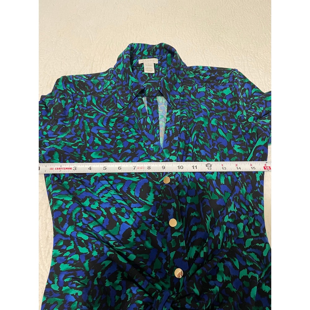 Cache Dress Women's Size M Blue Green Abstract Print Button Front Tie Waist Midi - Picture 6 of 7